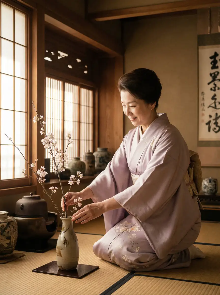 一位优雅的 爱妻艺 在和室中插花